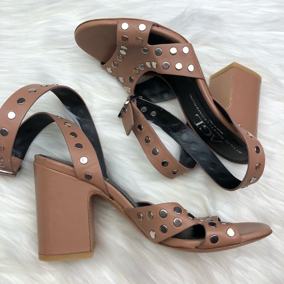 New AGL Tan Studded Ankle Wrap Leather Block Heels - Picture 9 of 14